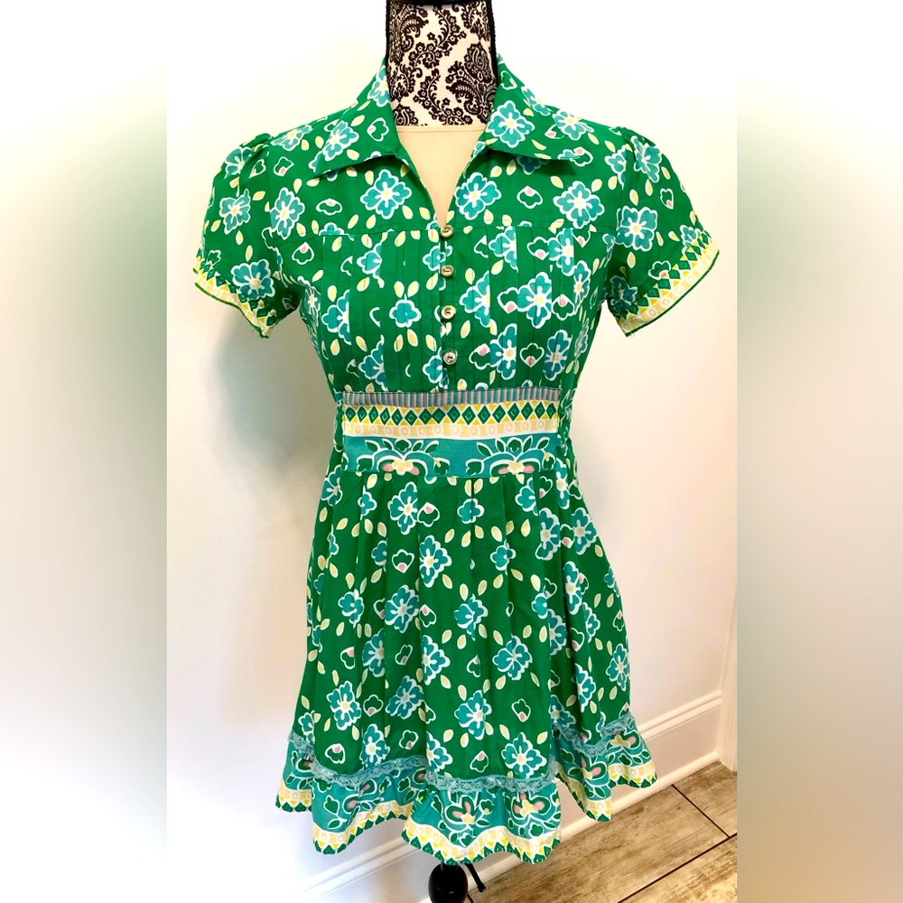 Boston Proper Cotton Floral Button front Tunic tieback Pintucking ruffles S